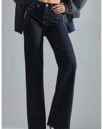 Blugi dama  talie inalta, picior larg, albastru inchis, denim