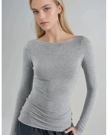 Bluza dama  decolteu barca, maneci lungi, gri, jerseu