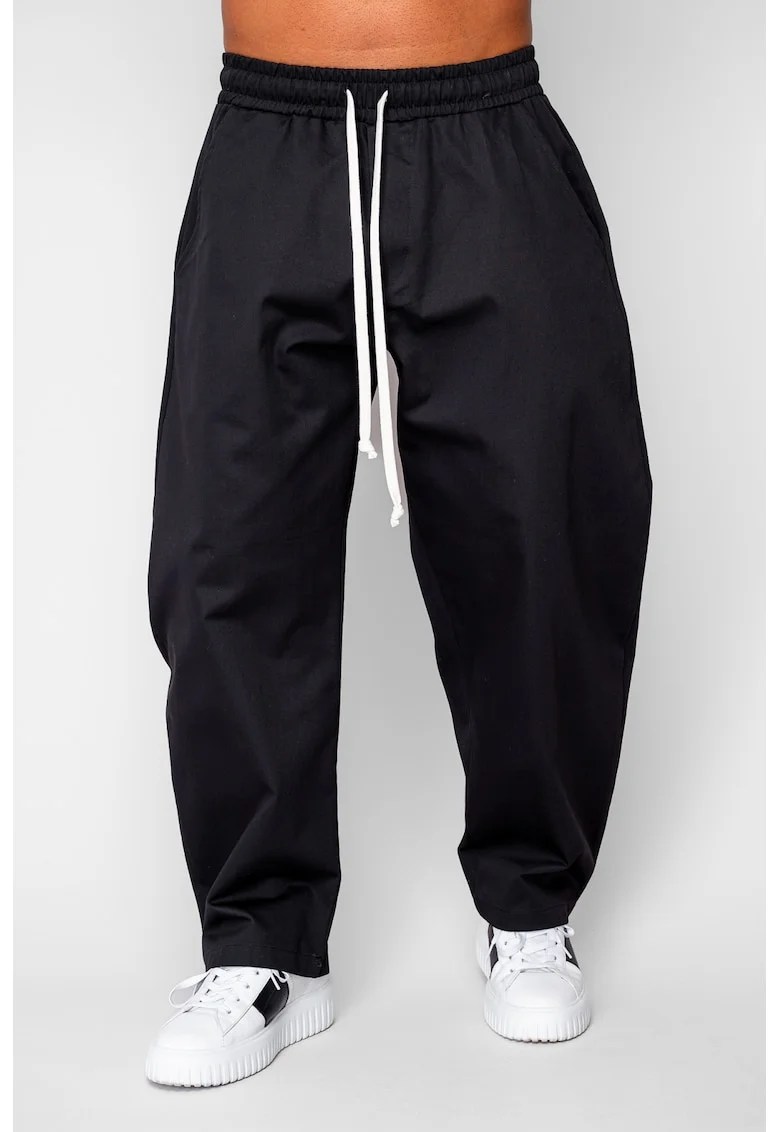 Pantaloni lungi drepti Oversized cu snur din 100% Bumbac - Premium Edition Black 20291, Negru