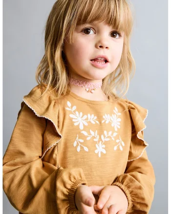 Bluza cu broderii florale, Alb/Portocaliu stins