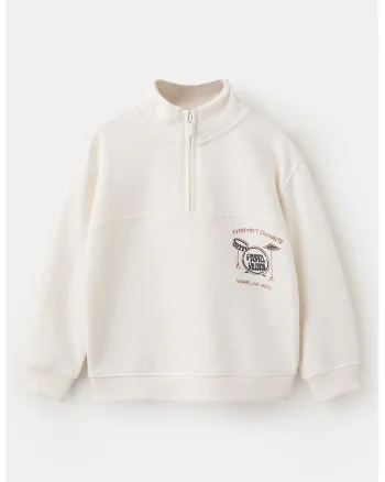 Bluza de trening cu fenta cu fermoar si imprimeu pe partea din spate, Bej deschis