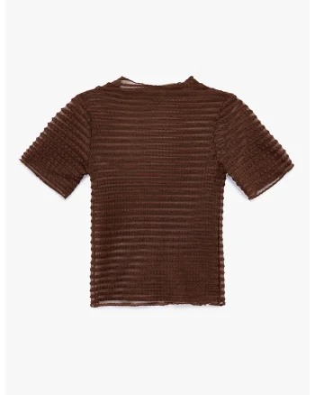 Tricou texturat cu insertii din plasa, Maro pamantiu