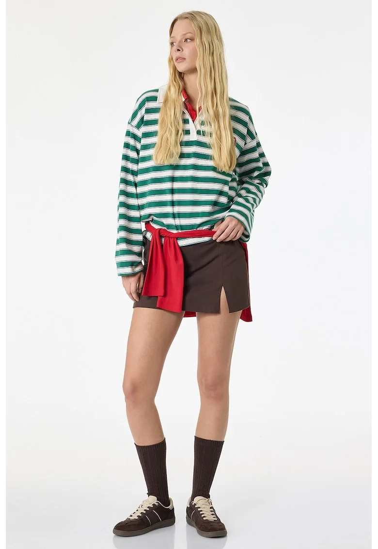 Bluza polo supradimensionata cu imprimeu text si dungi, Alb/Verde