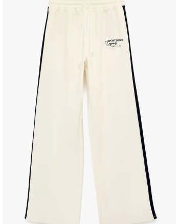 Pantaloni de trening cu imprimeu text, Alb fildes/Negru