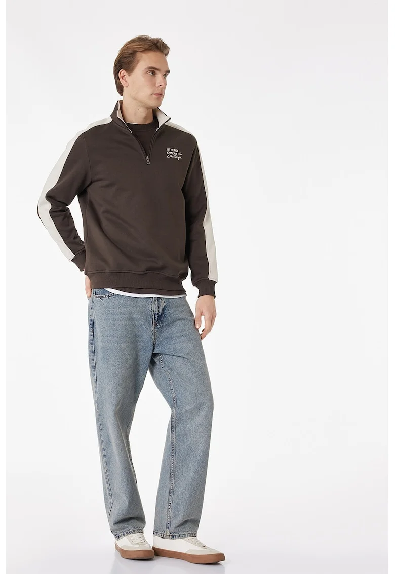 Bluza de trening cu insertii contrastante, Alb fildes/Maro
