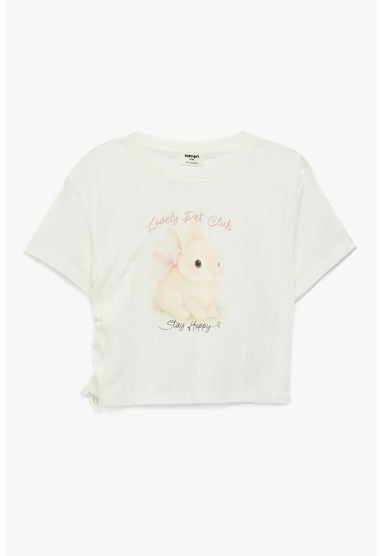 Tricou crop cu imprimeu iepure, Alb fildes/Galben pal
