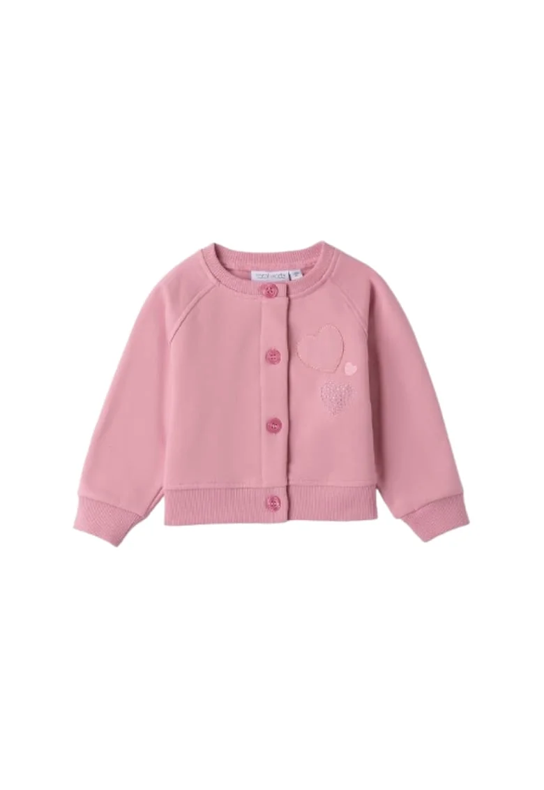 Hanorac fete  tip bomber din bumbac elastic fleece cu interior periat cu nasturi si aplicatii cu strasuri