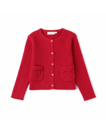 Cardigan fete  din tricot cu striatii, cu buzunare si fundite decorative nasturi cu strasuri Rosu