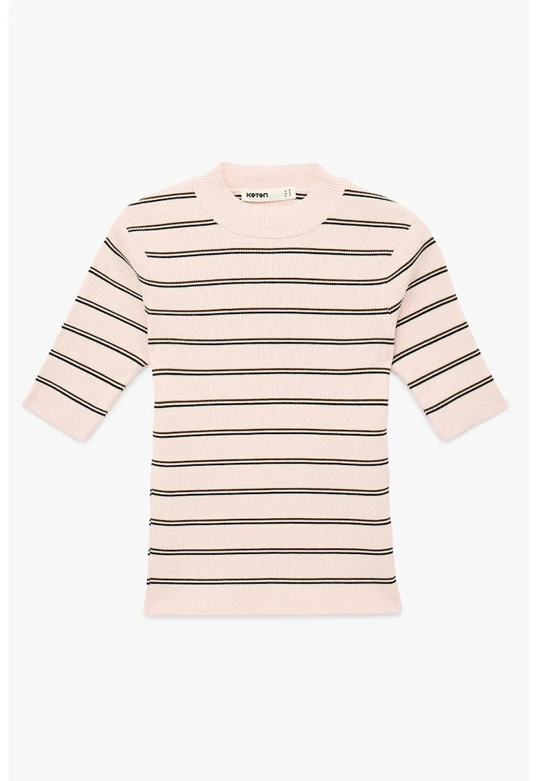 Tricou cu dungi si decolteu la baza gatului, Negru/Roz