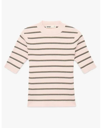 Tricou cu dungi si decolteu la baza gatului, Negru/Roz