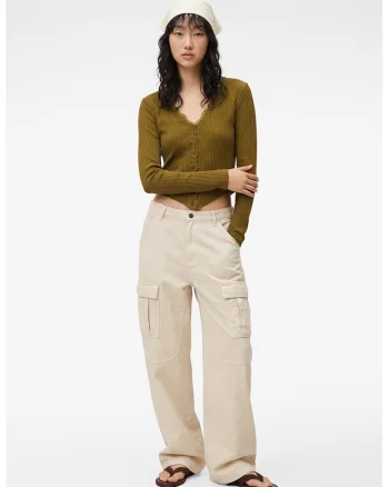 Bluza crop cu decolteu in V, Verde masliniu