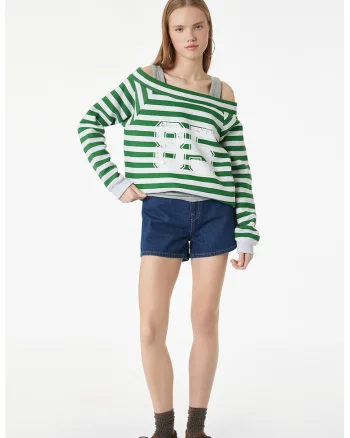 Bluza in dungi cu decolteu pe un umar, Verde aquamarin/Gri deschis melange