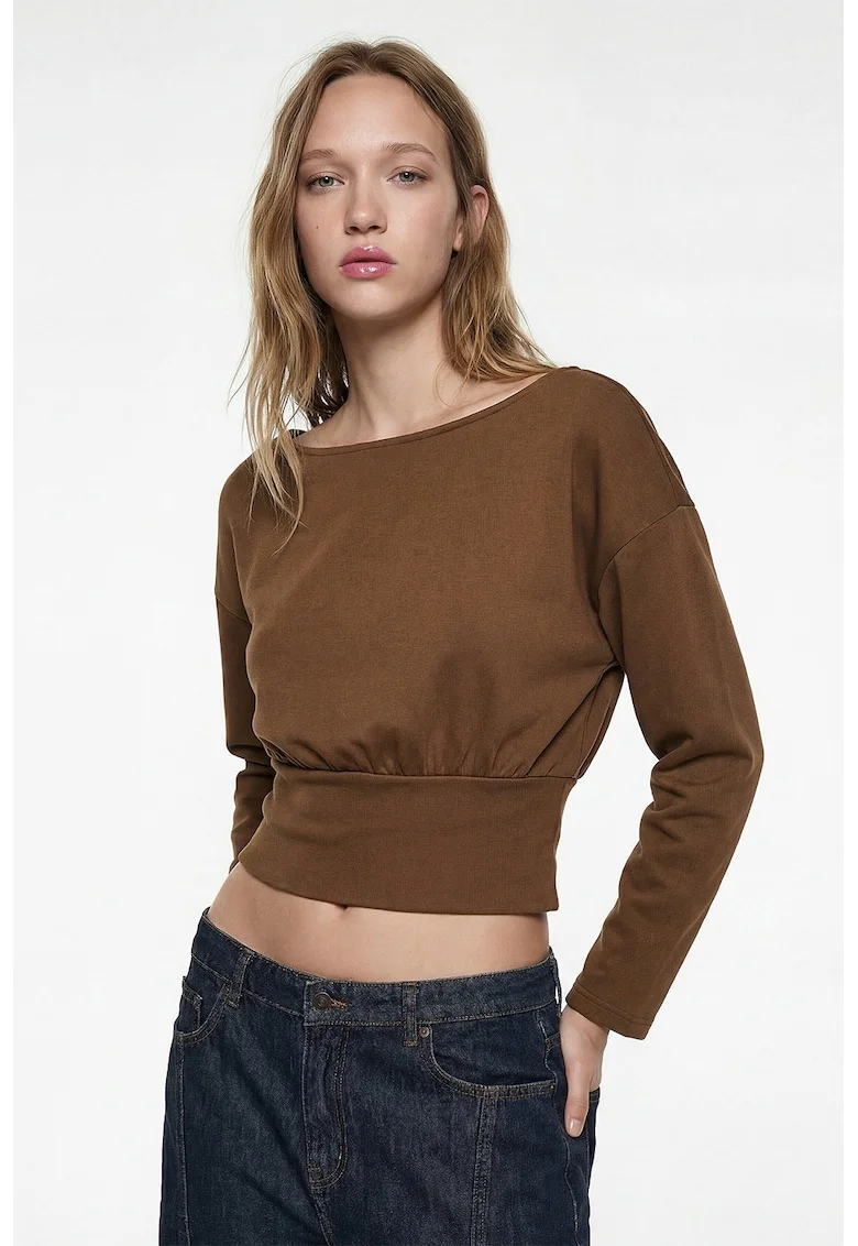 Bluza crop cu terminatie evazata, Maro inchis