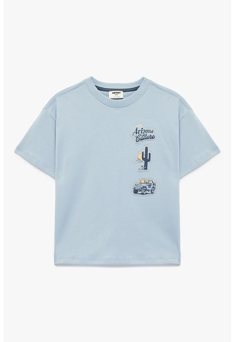 Tricou de bumbac cu decolteu la baza gatului si aplicatii, Albastru deschis melange