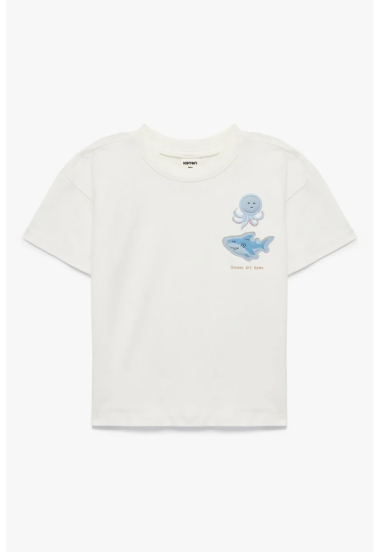 Tricou de bumbac cu broderie rechin, Alb/Albastru