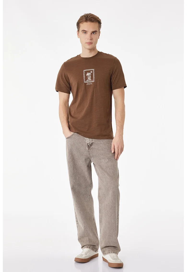 Tricou de bumbac cu decolteu la baza gatului, Caramel