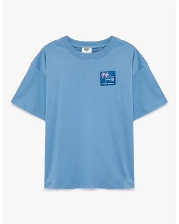 Tricou de bumbac cu imprimeu si maneci usor cazute, Albastru prafuit