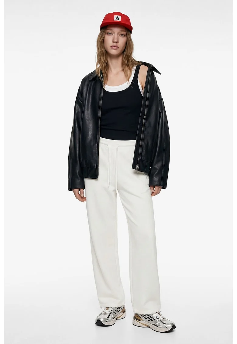 Pantaloni uni relaxed fit de trening, Alb fildes