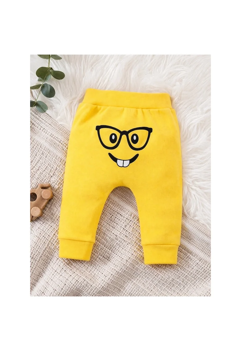 Pantaloni bebe galbeni bumbac imprimeu fata zambet confortabili