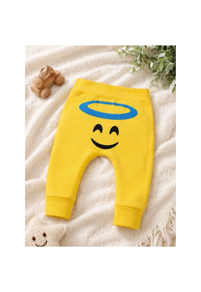 Pantaloni bebe galbeni bumbac imprimeu emoji ingeras confortabili