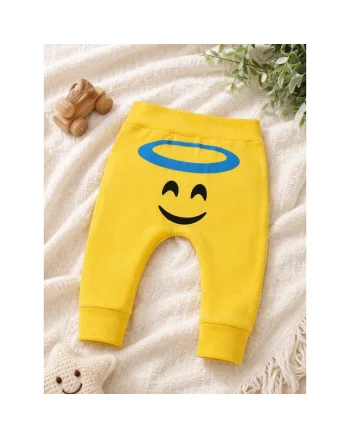 Pantaloni bebe galbeni bumbac imprimeu emoji ingeras confortabili