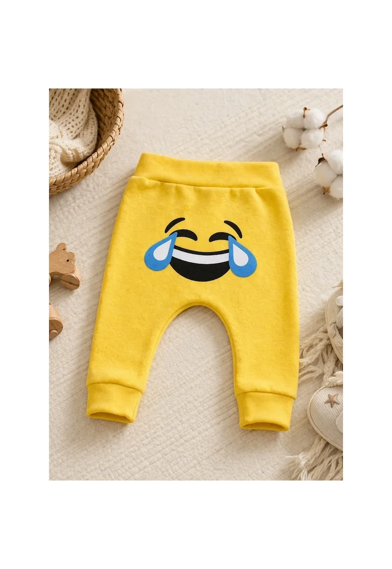 Pantaloni bebe galbeni bumbac imprimeu emoji ras confortabili