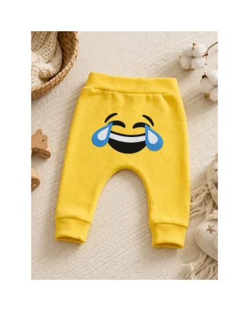 Pantaloni bebe galbeni bumbac imprimeu emoji ras confortabili