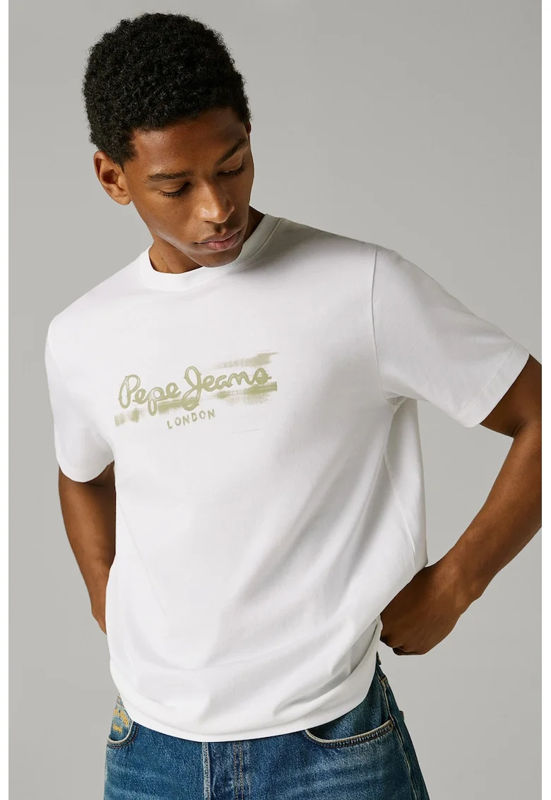 Tricou din bumbac cu logo, Alb/Verde masliniu pal