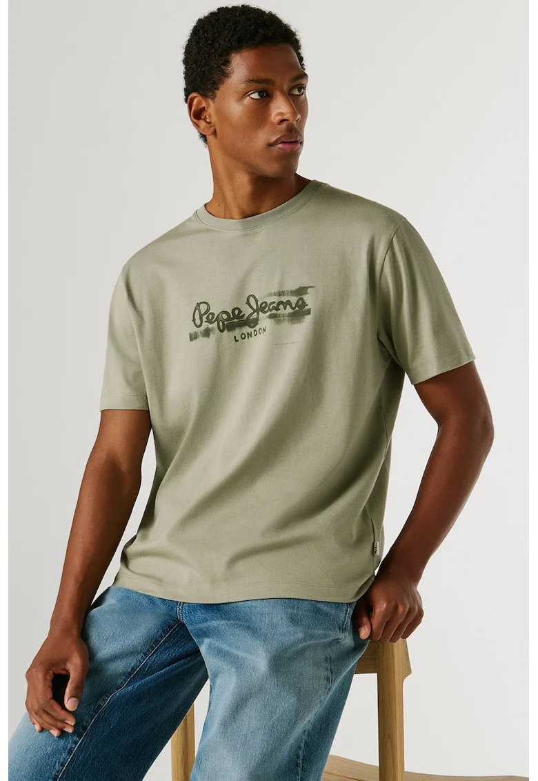 Tricou din bumbac cu logo, Kaki deschis/Kaki inchis
