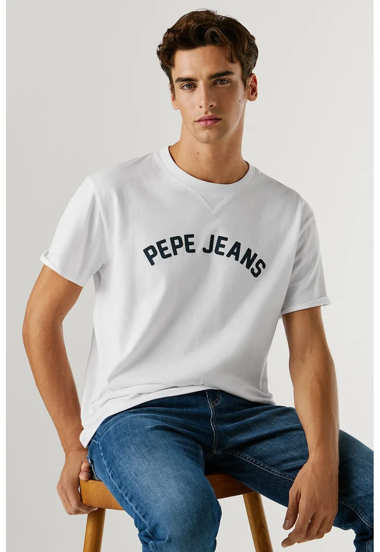 Tricou din bumbac cu imprimeu logo, Alb/Albastru ultramarin