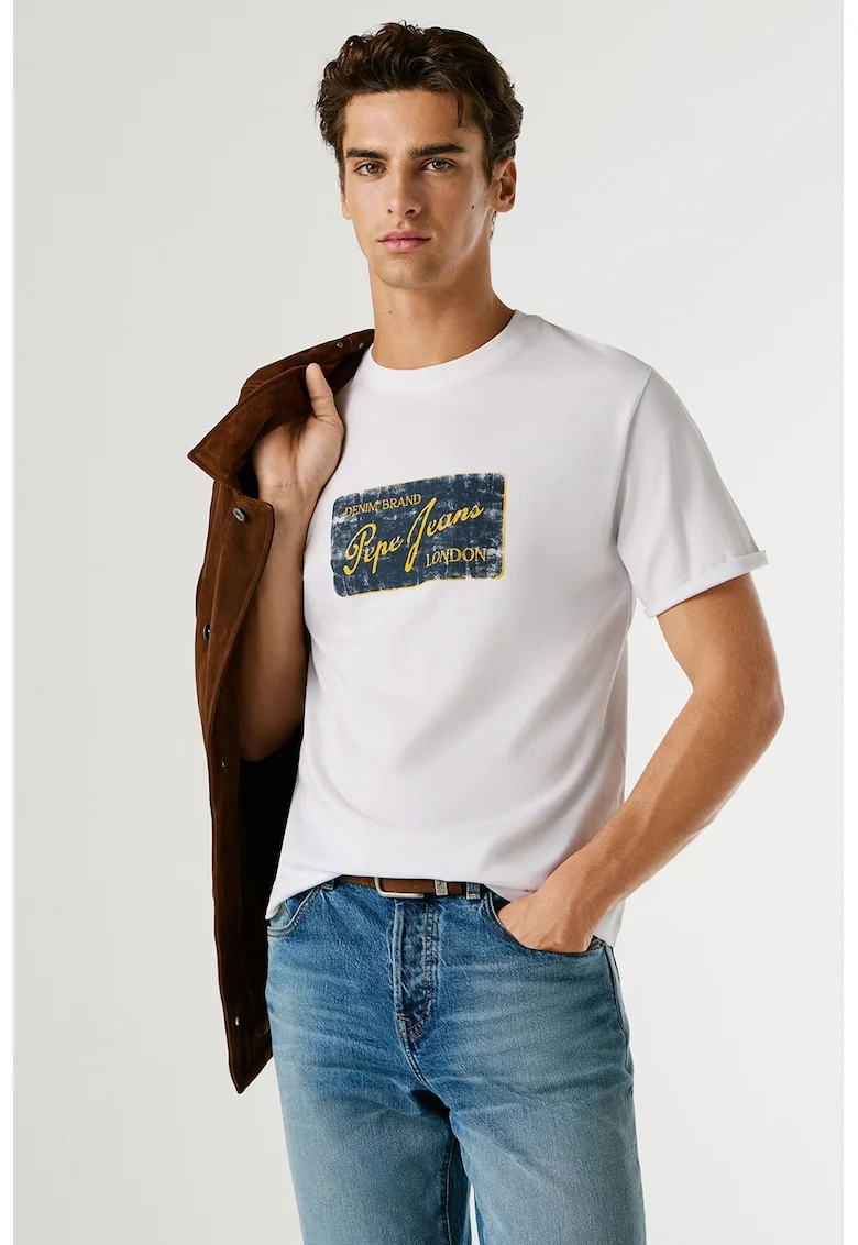 Tricou cu imprimeu logo Suen, Alb/Albastru oceanic/Galben miere