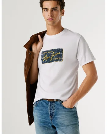 Tricou cu imprimeu logo Suen, Alb/Albastru oceanic/Galben miere