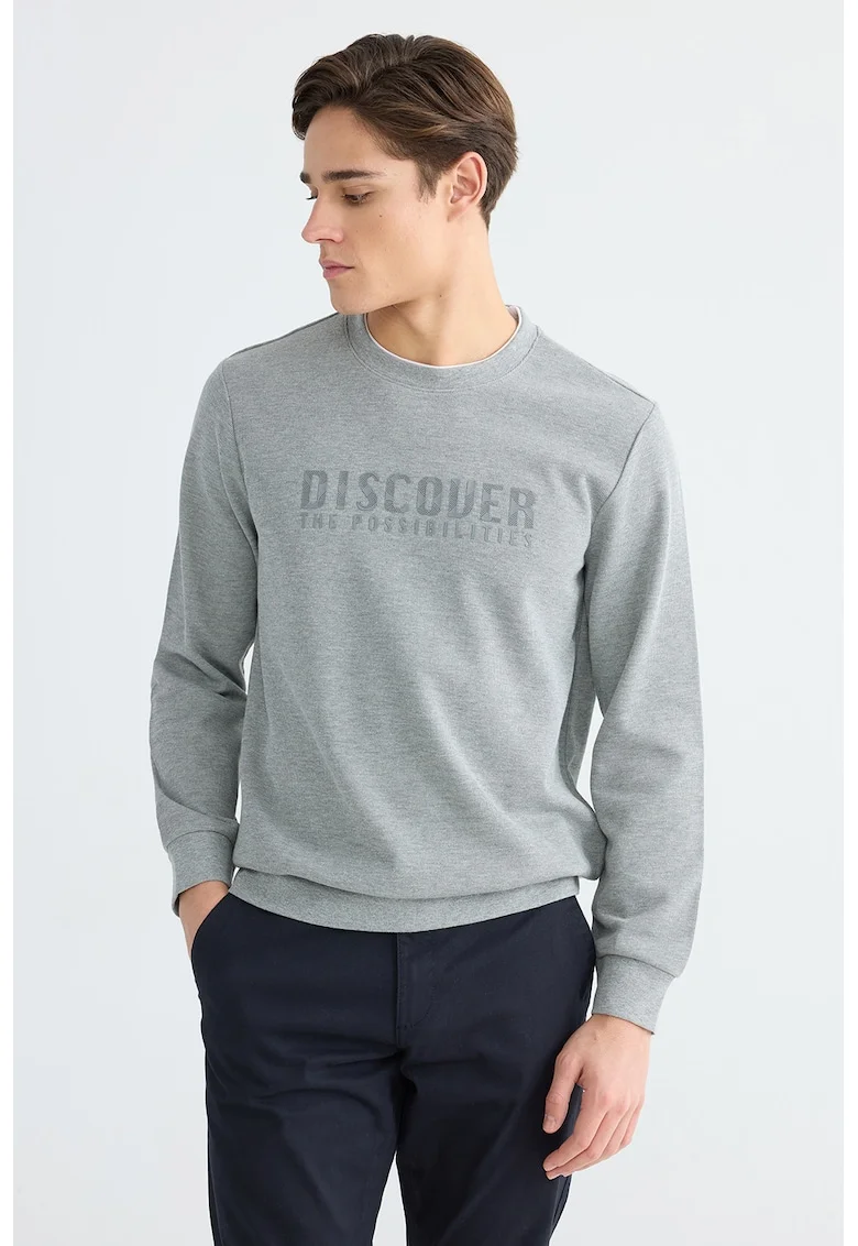 Bluza de trening cu croiala regular-fit si imprimeu text, Gri melange