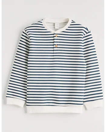 Bluza de trening cu croiala regular-fit si dungi, Alb/Albastru petrol