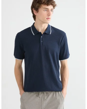 Tricou polo cu benzi contrastante, Bleumarin