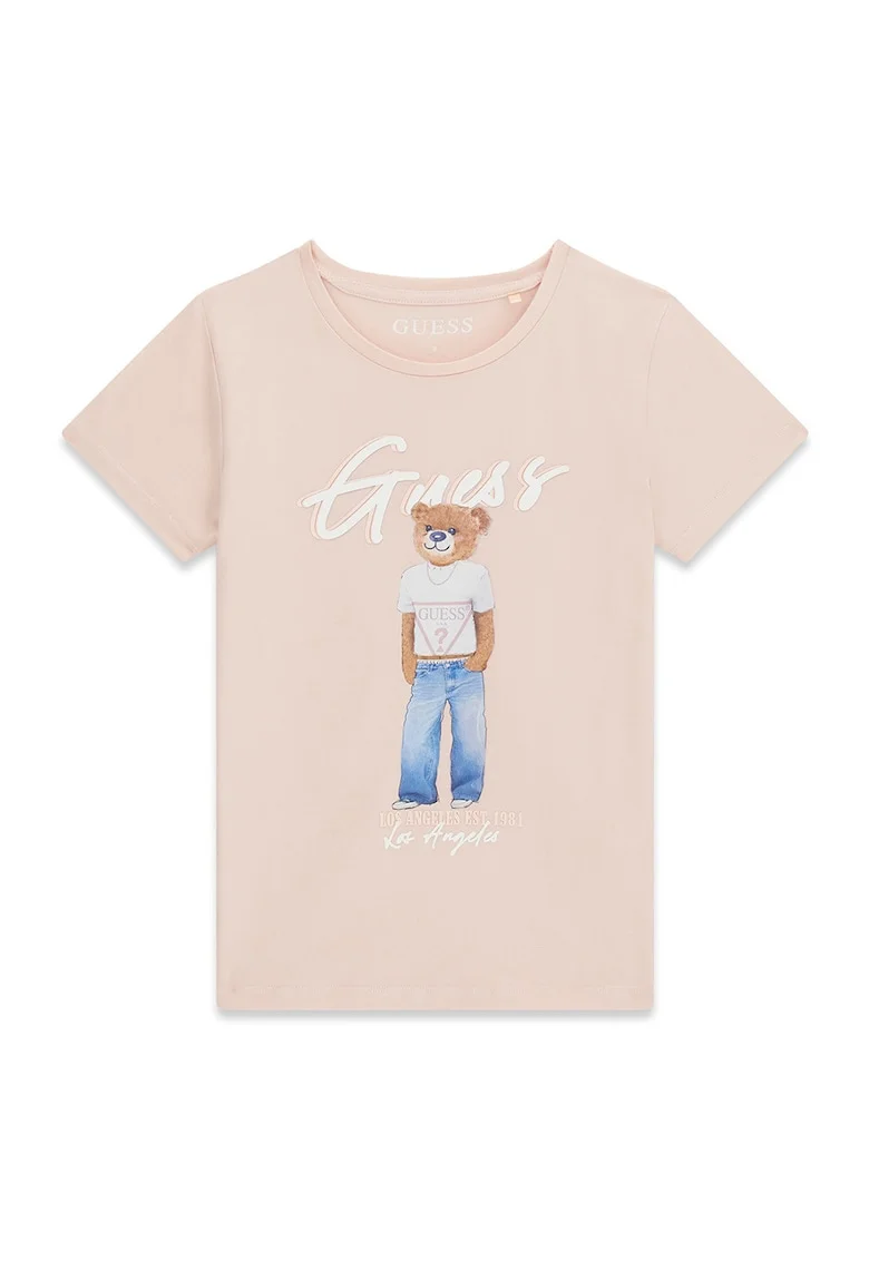 Tricou cu logo si imprimeu cu ursulet, Alb/Bej
