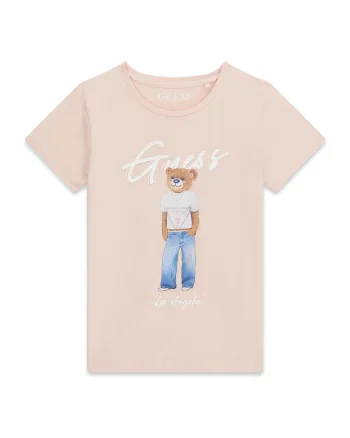 Tricou cu logo si imprimeu cu ursulet, Alb/Bej
