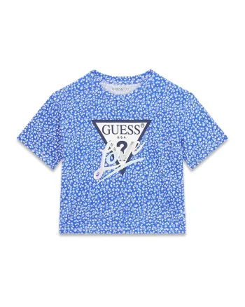 Tricou cu model floral si imprimeu logo, Alb/Albastru inchis