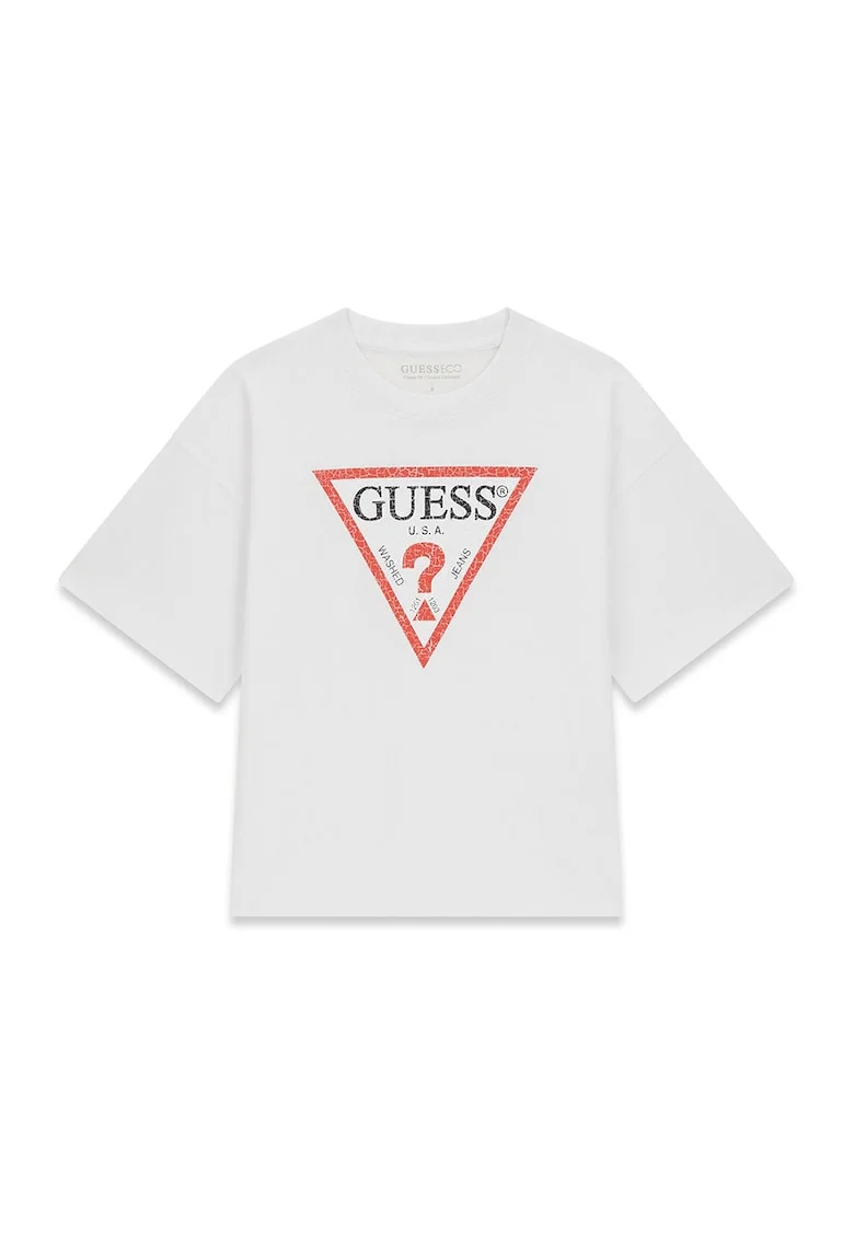 Tricou cu decolteu la baza gatului si imprimeu logo, Alb