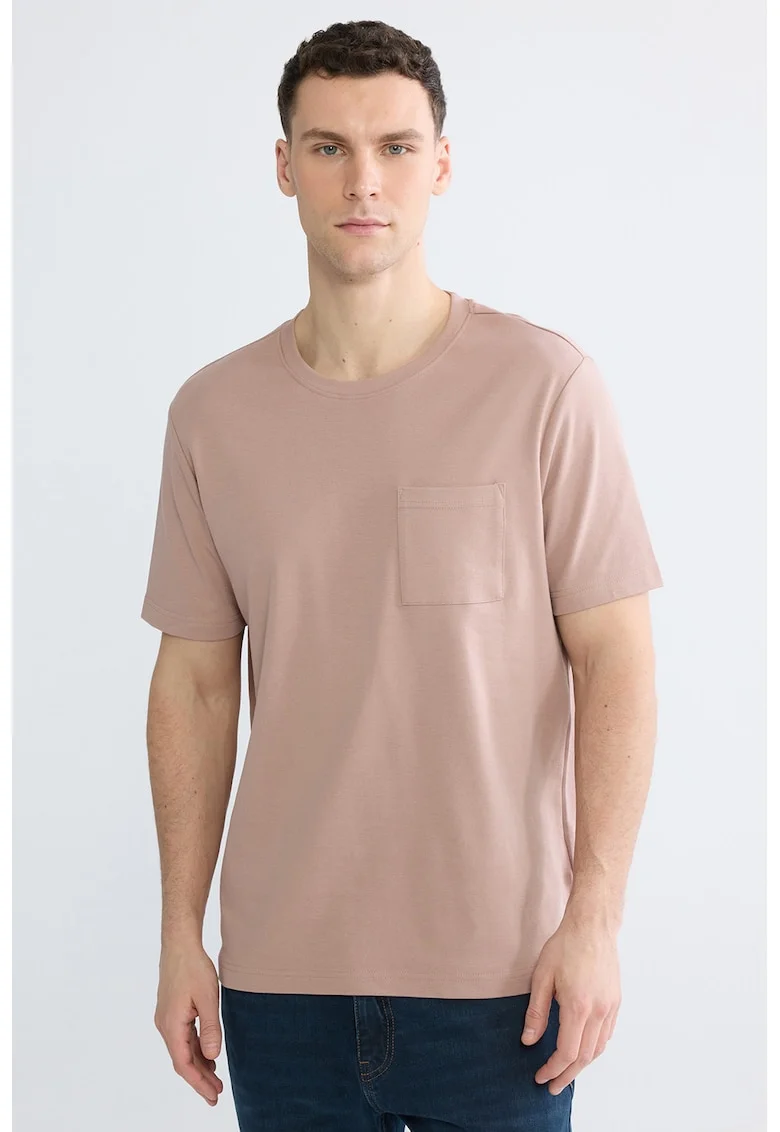 Tricou cu decolteu la baza gatului si buzunar pe piept, Roz prafuit