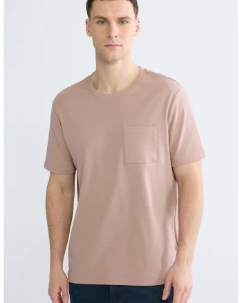 Tricou cu decolteu la baza gatului si buzunar pe piept, Roz prafuit