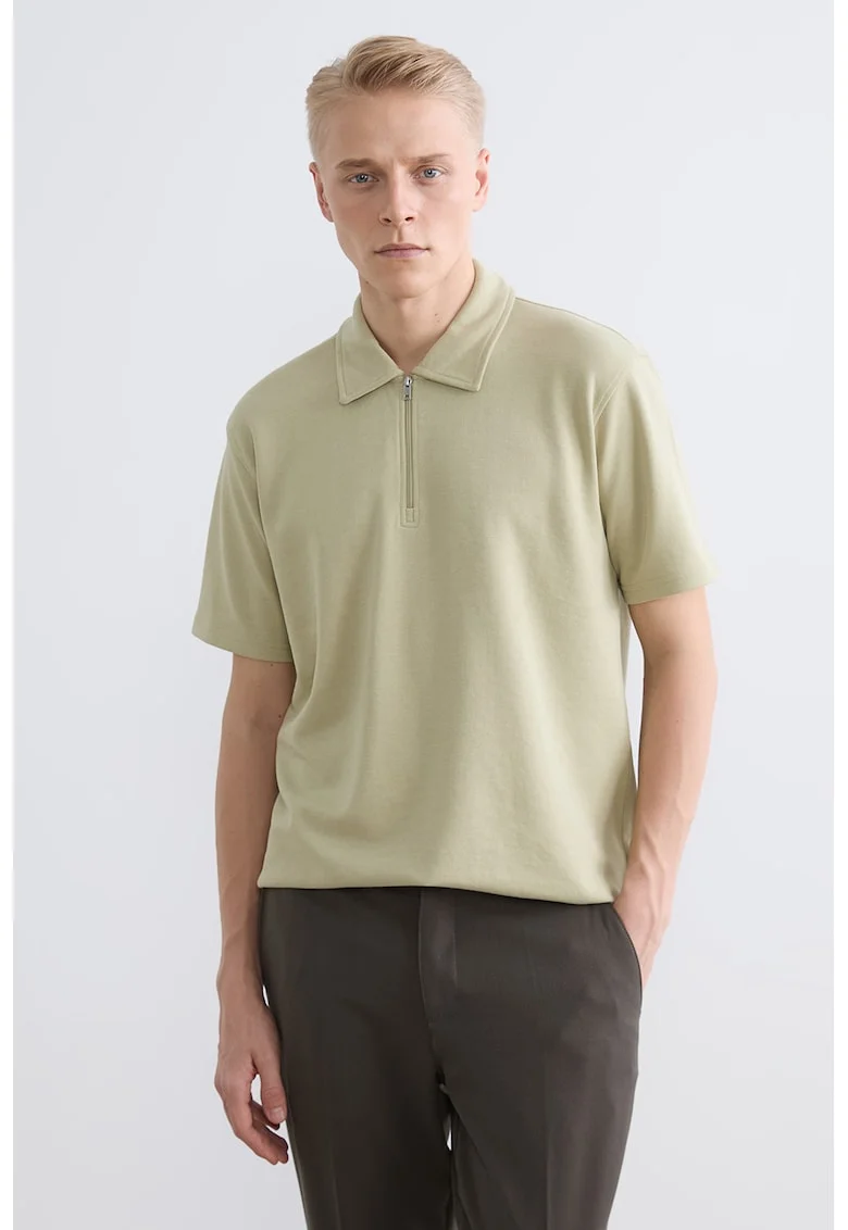 Tricou polo cu model uni si fenta cu fermoar, Verde pal