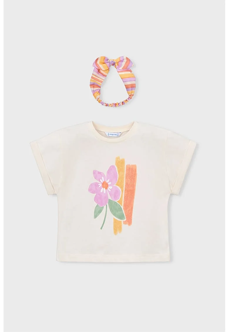 Set de tricou cu model floral si bentita cu funda - 2 piese, Roz/Crem