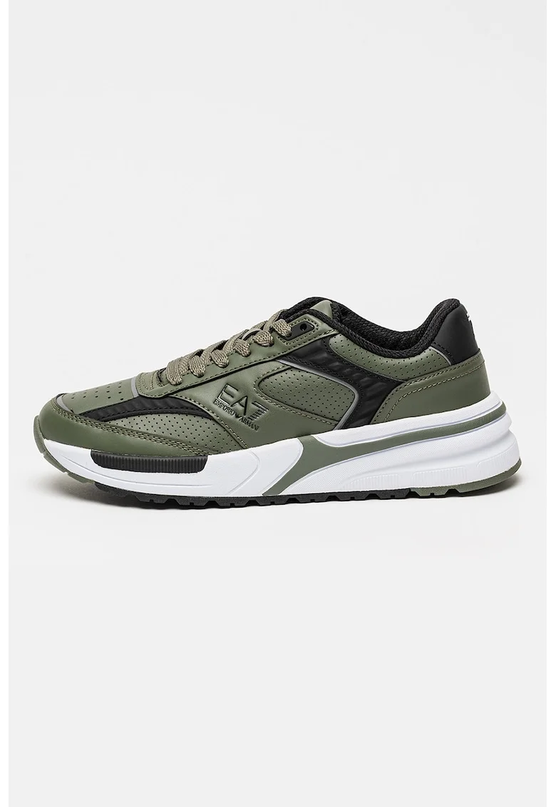 Pantofi sport din piele ecologica cu detalii logo, Verde/Negru