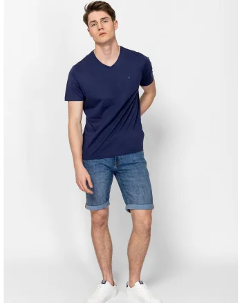 Tricou din bumbac cu decolteu in V, Bleumarin