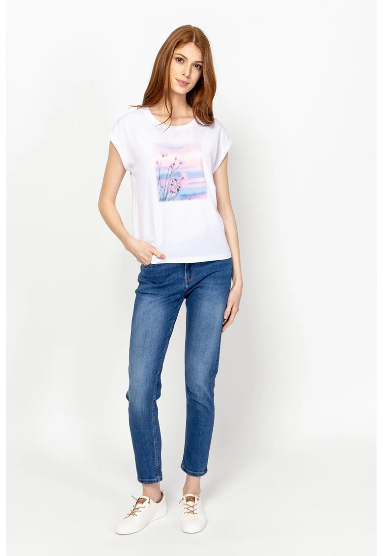 Tricou din amestec de modal cu imprimeu Monas, Alb/Roz/Albastru