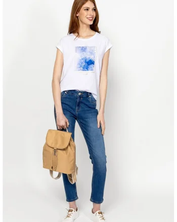 Tricou din amestec de modal cu imprimeu Monas, Alb/Albastru royal