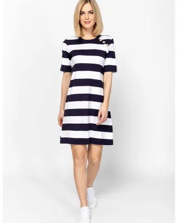 Rochie scurta cu model in dungi, Alb/Bleumarin