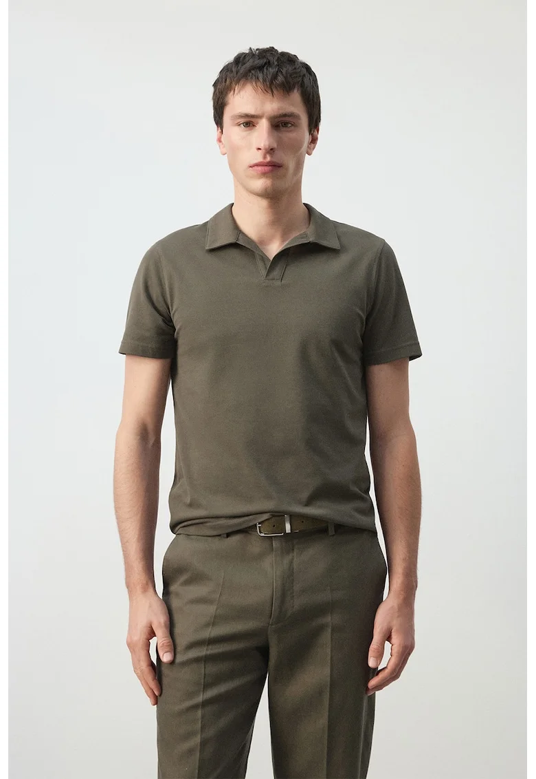 Tricou pique polo cu croiala slim-fit, Verde inchis