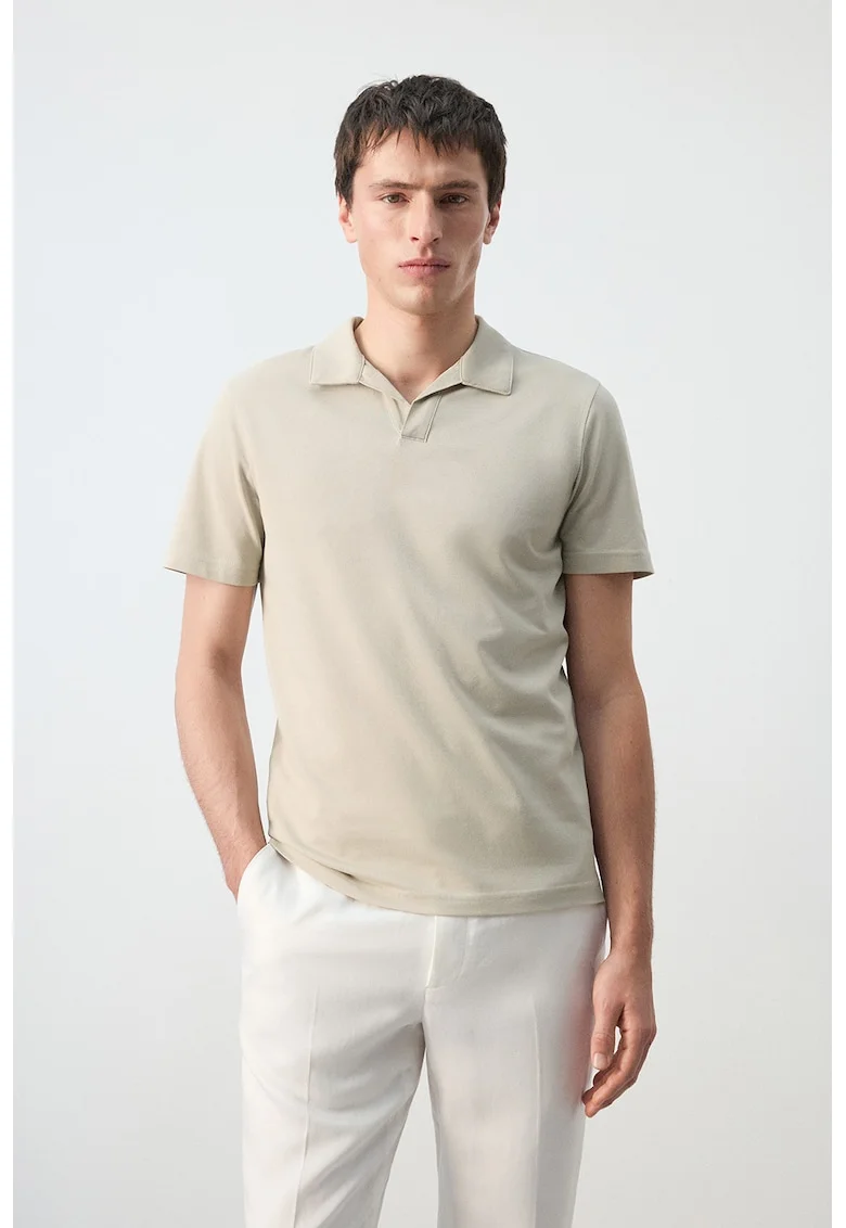 Tricou pique polo cu croiala slim-fit, Bej deschis